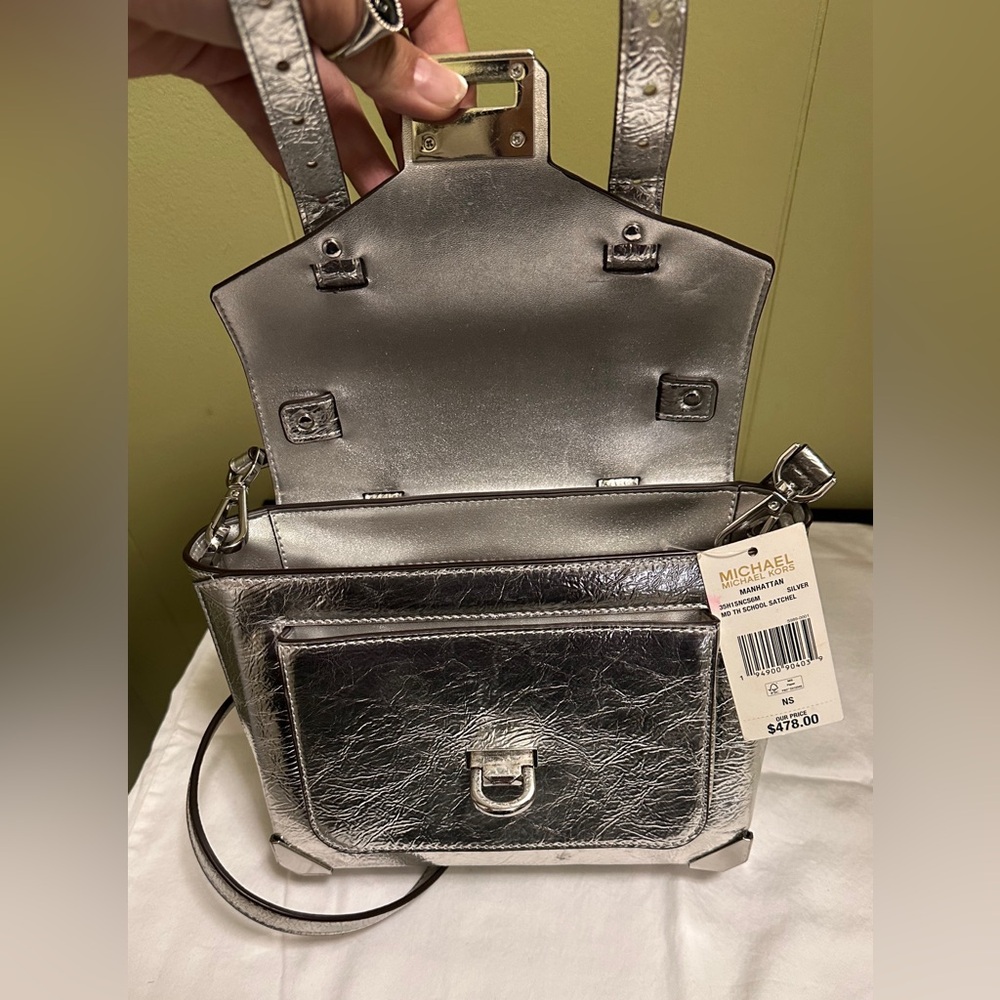 Manhattan Medium Crackled Metallic Leather Satchel - Picture 12 of 15